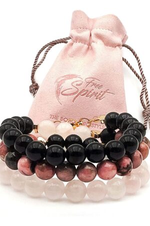 Bracelet Multirang Femme en Quartz Rose, Rhodonite, Onyx Noir