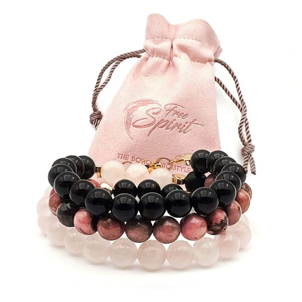 Bracelet Multirang Femme en Quartz Rose, Rhodonite, Onyx Noir