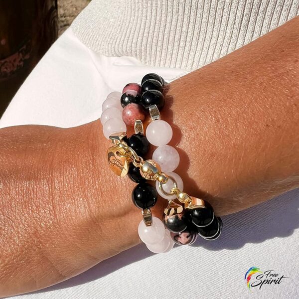 Bracelet Multirang Femme en Quartz Rose, Rhodonite, Onyx Noir