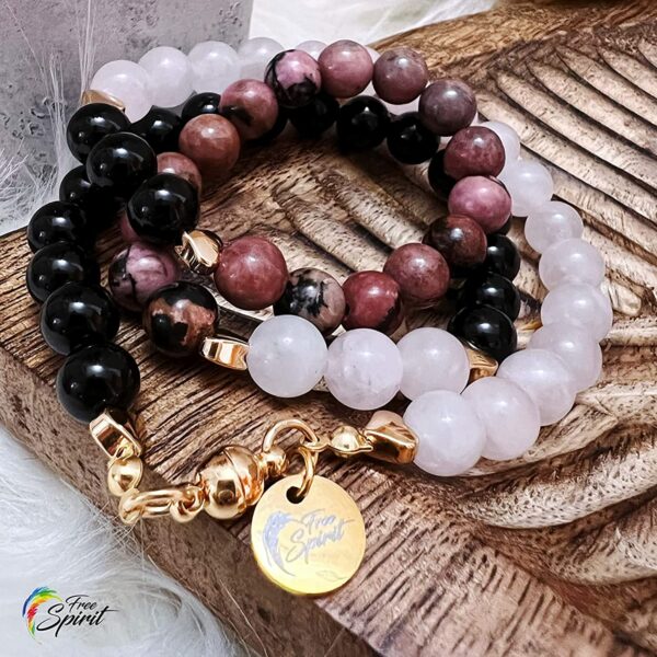 Bracelet Multirang Femme en Quartz Rose, Rhodonite, Onyx Noir